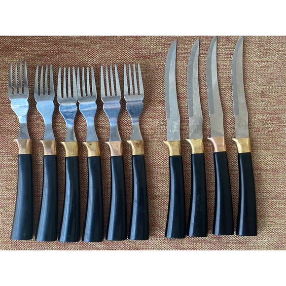 E Parker & Sons Sheffield 4 Knives &  6 Forks - Black and Gold Color - Picture 2 of 5
